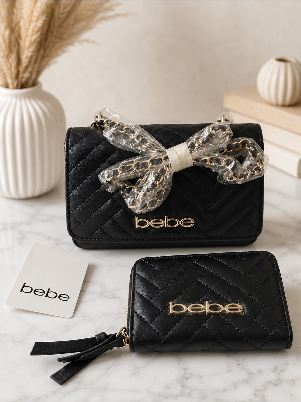 bebe Black Quilted Mini Crossbody with Matching Zip Wallet